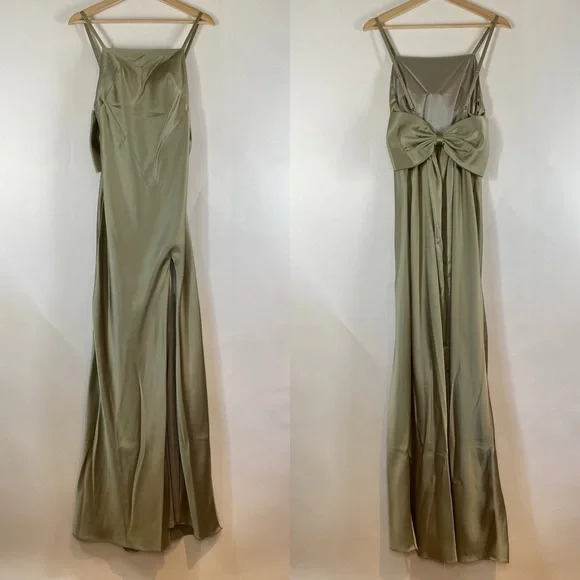 Revelry Steph Silver Sage Satin Front Slit Bow Back Long Dress Size 0 Prom Party - Picture 3 of 13